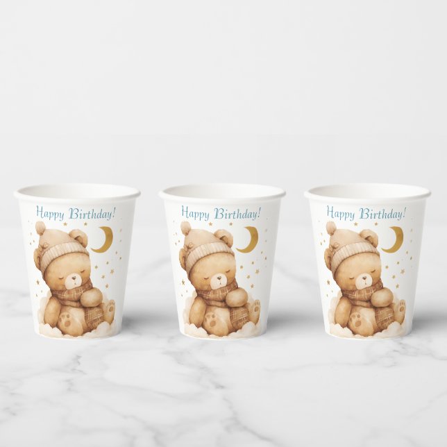 Teddy Bear Beige Balloon Birthday Paper Cups (Multi)