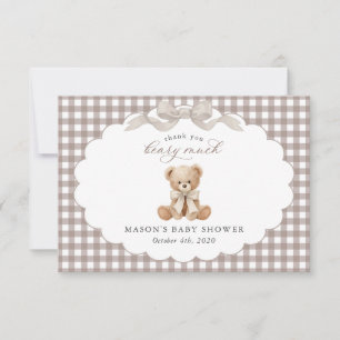 Teddy Bear, Beige Bow, Brown Gingham, Baby Shower Thank You Card
