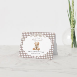 Teddy Bear, Beige Bow, Brown Gingham, Baby Shower Thank You Card