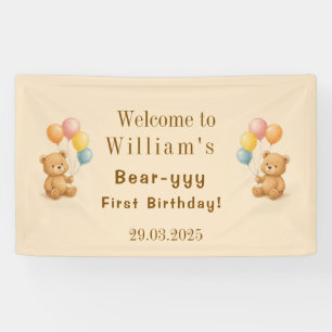 Teddy Bear Birthday Banner with Pastel Balloons