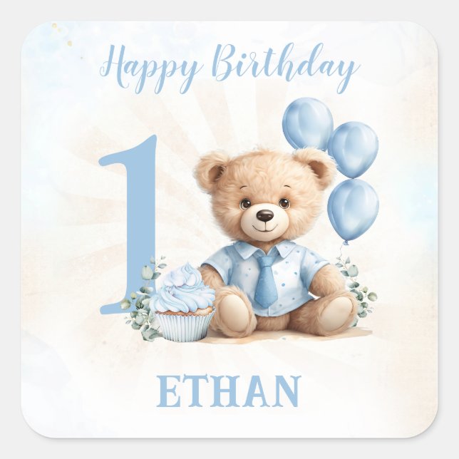 Teddy Bear Birthday Boy Blue Beige Stickers (Front)