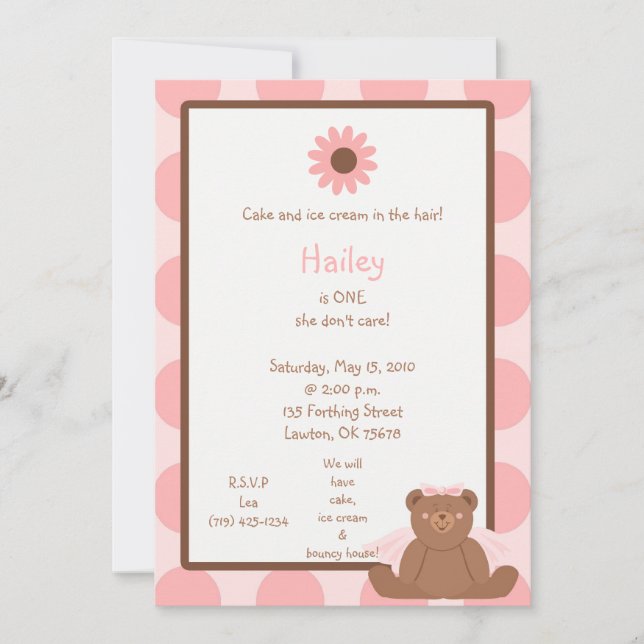 Teddy Bear Birthday Girl Invitations (Front)