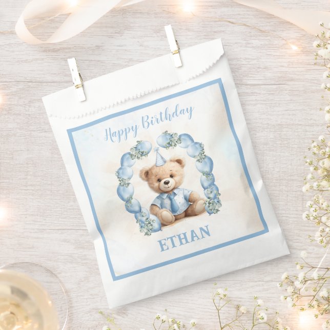 Teddy Bear Birthday Little Boy Blue Favour Bag (Clipped)