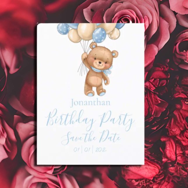 Teddy Bear Birthday Party Blue Boy Save the Date Postcard (Pretty Watercolor Flowers Garden Baby Shower Invitation)