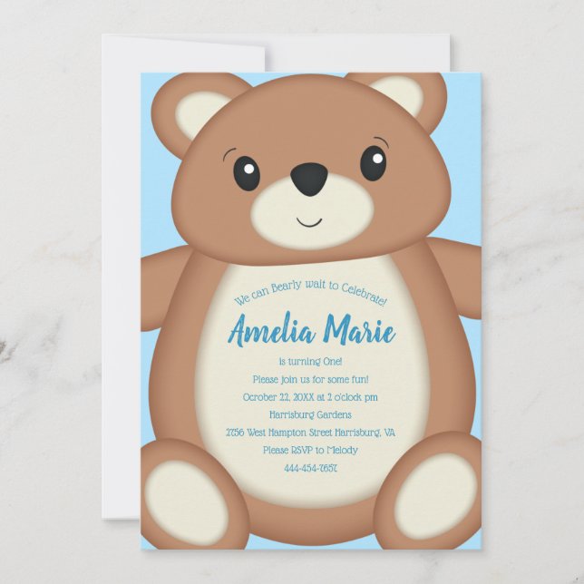 Teddy Bear Birthday Party Blue  Invitation (Front)
