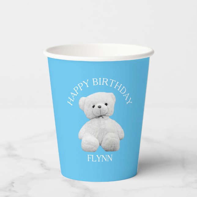 Teddy bear birthday party custom baby blue paper cups (Back)