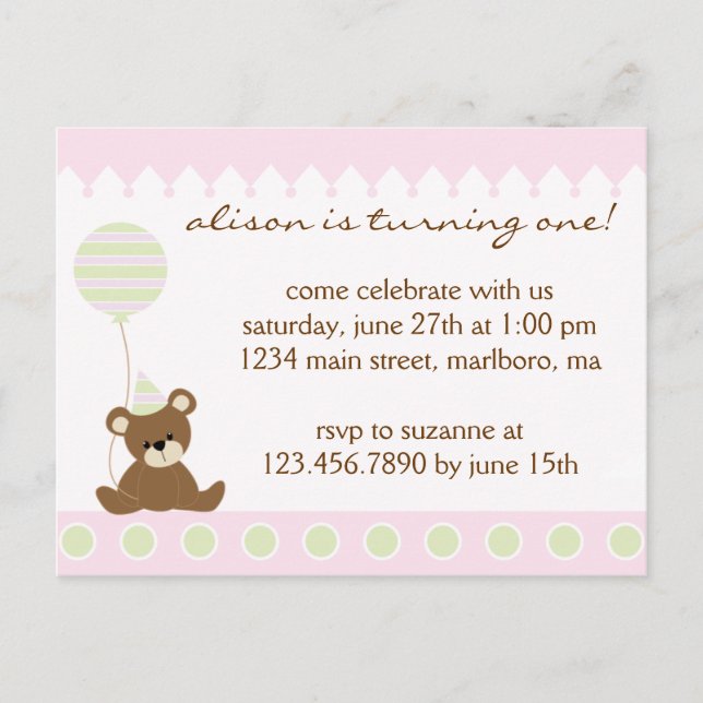 Teddy Bear Birthday Party Invitation Postcard (Front)