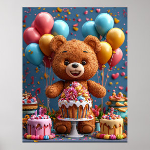 Teddy Bear Birthday With Cake And Balloons For Kid Poster