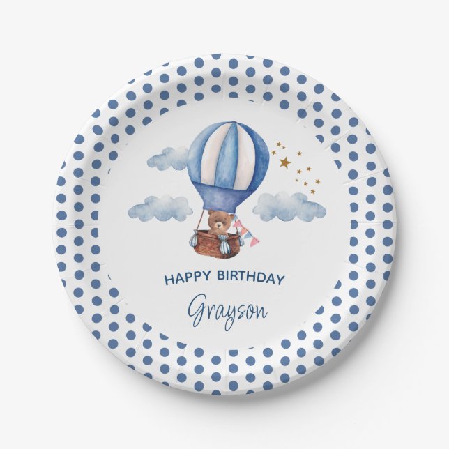 Teddy Bear Blue 1st Birthday Paper Plate (Front)