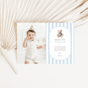 Teddy Bear Blue 1st Birthday Photo Thank You Card