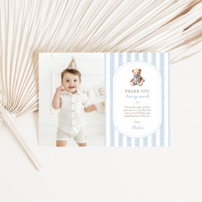 Teddy Bear Blue 1st Birthday Photo Thank You Card (Creator Uploaded)