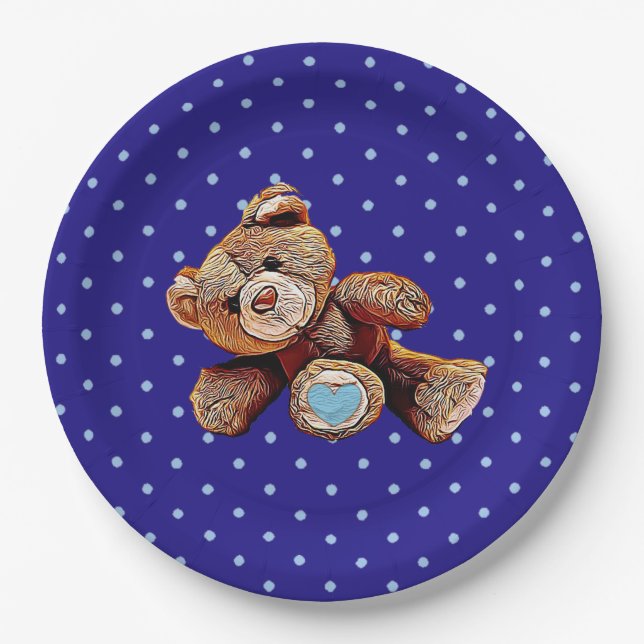 Teddy Bear Blue and Tan Polka Dotted Party Plate (Front)