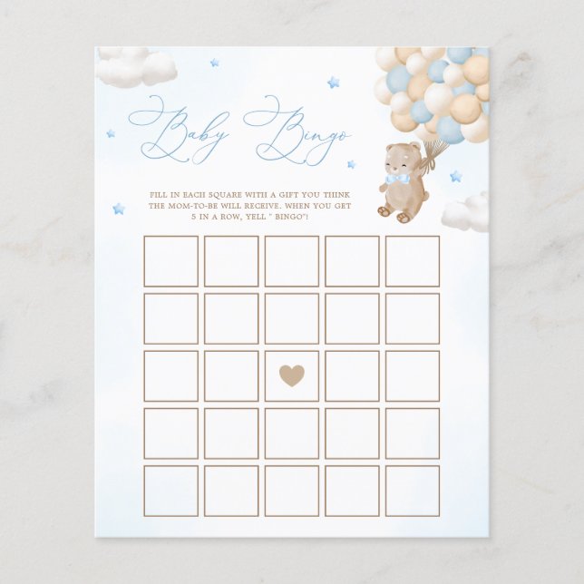 Teddy Bear Blue Baby Shower Bingo Game (Front)