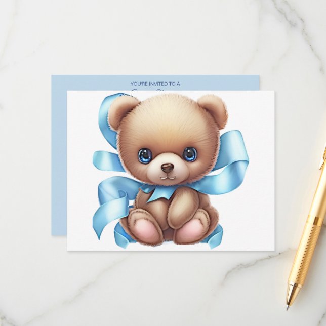 Teddy Bear Blue Baby Shower Enclosure Card QR Code (Front/Back In Situ)