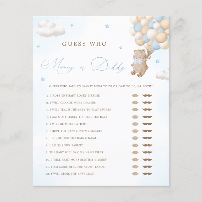 Teddy Bear Blue Baby Shower Mummy or Daddy Game (Front)