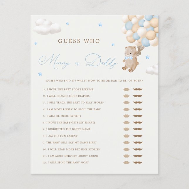 Teddy Bear Blue Baby Shower Mummy or Daddy Game (Front)