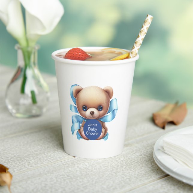 Teddy Bear Blue Baby Shower Paper Cups (Insitu)