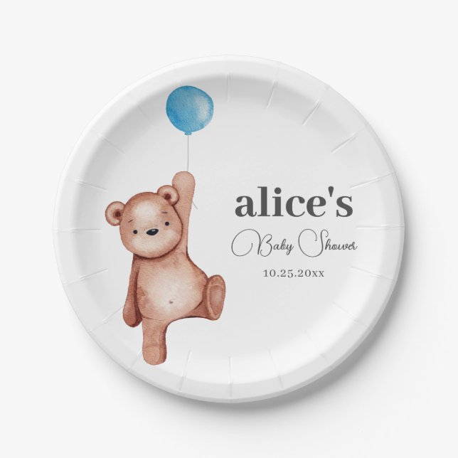 Teddy Bear Blue Baby Shower Paper Plate (Front)