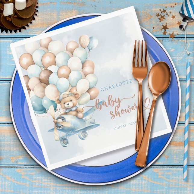 Teddy Bear Blue Baby Shower We Can Bearly Wait Napkin (We Can bearly wait baby shower party napkins, party decor)