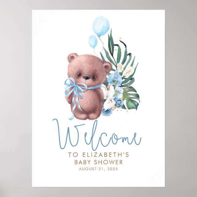 Teddy Bear Blue Baby Shower Welcome Sign (Front)