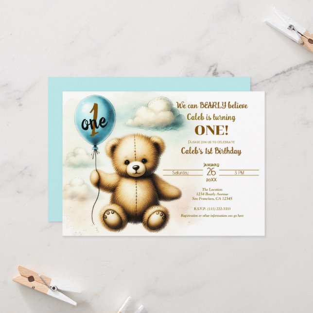 Teddy Bear Blue Balloon 1st Birthday Party Invitation (Front/Back In Situ)