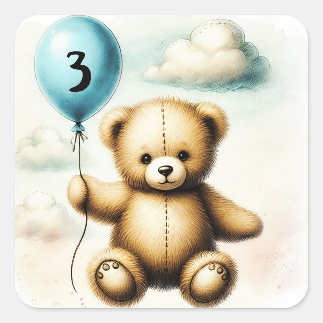 Teddy Bear Blue Balloon 1st Birthday Party Square Sticker (Front)