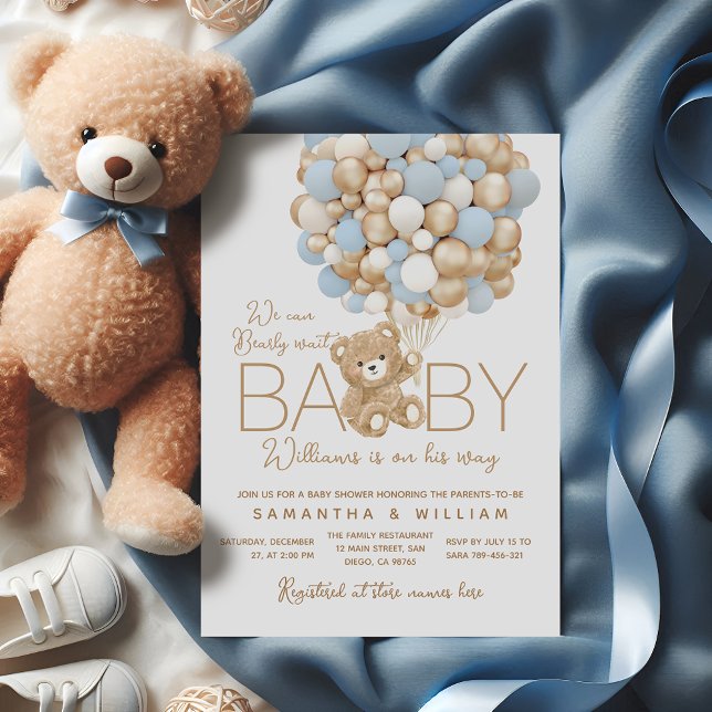 Teddy Bear Blue Balloon Baby Boy Shower Invitation (Creator Uploaded)