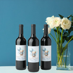 Teddy Bear Blue Balloon Baby Boy Shower Wine Label