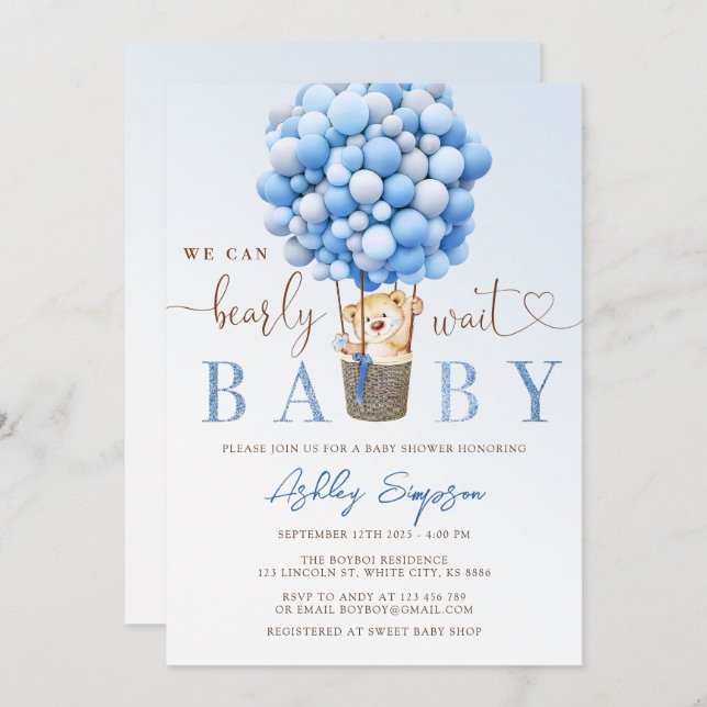 Teddy Bear Blue Balloon Baby Shower Invitation (Front/Back)