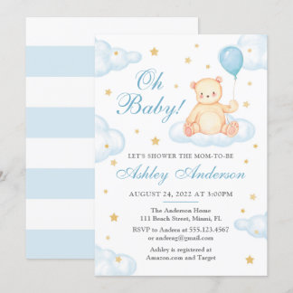 Teddy Bear Blue Balloon Baby Shower Invitation