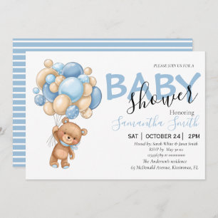 Teddy Bear Blue Balloon Baby Shower Invitations