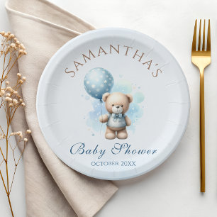 Teddy Bear Blue Balloon Bearly Baby Boy Shower Paper Plate