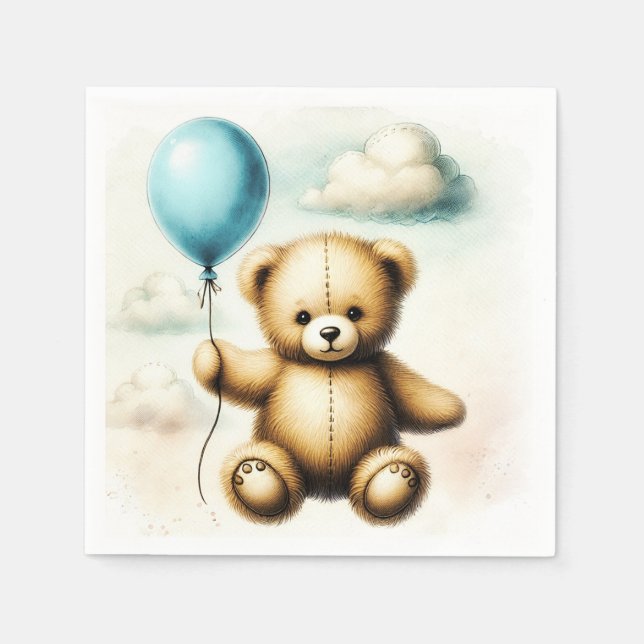 Teddy Bear Blue Balloon Bearly Wait Baby Shower  Napkin (Front)