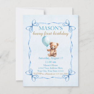 Teddy Bear Blue Balloon Beary First Birthday Invitation