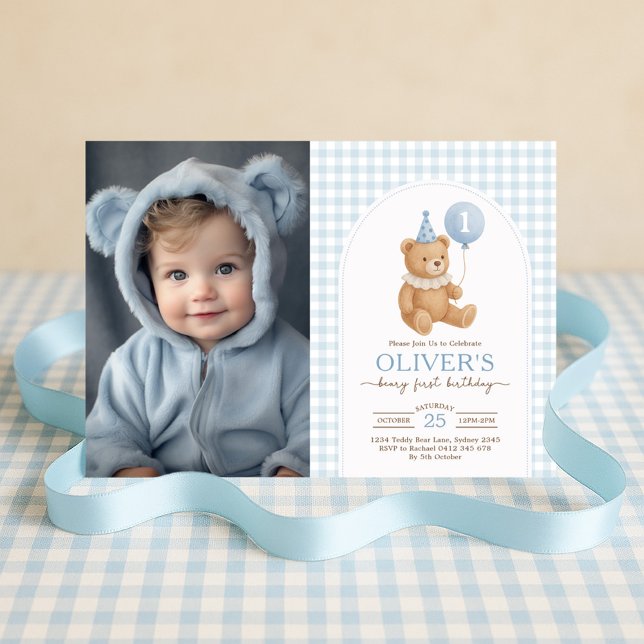Teddy Bear Blue Balloon Beary First Birthday Photo Invitation (Creator Uploaded)