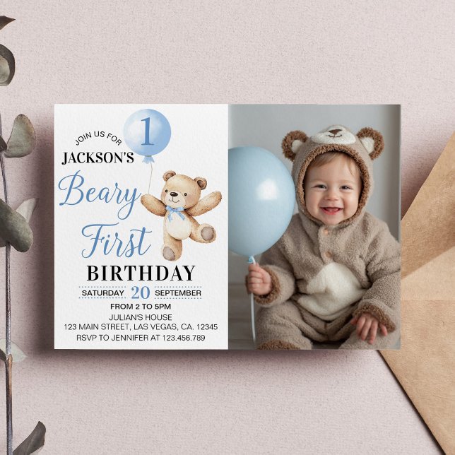 Teddy Bear Blue Balloon Beary First Birthday Photo Invitation (Creator Uploaded)