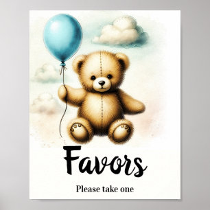 Teddy Bear Blue Balloon Birthday Favour Sign