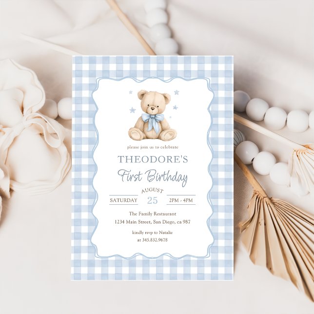 Teddy Bear Blue Balloon Birthday Invitation (Creator Uploaded)