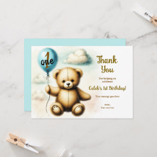 Teddy Bear Blue Balloon Birthday Thank You Invitation