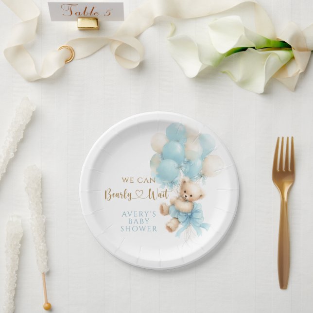 Teddy Bear Blue Balloon Bow Baby Boy Shower Paper Plate (Wedding)