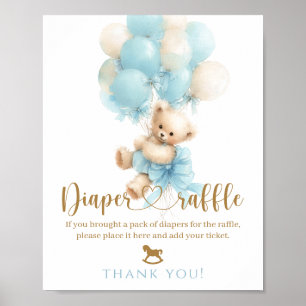 Teddy Bear Blue Balloon Bow Baby Boy Shower Poster