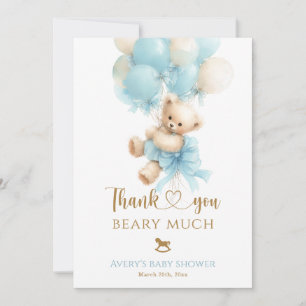 Teddy Bear Blue Balloon Bow Baby Boy Shower Thank You Card