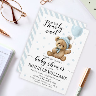 Teddy bear blue balloon boy baby shower invitation