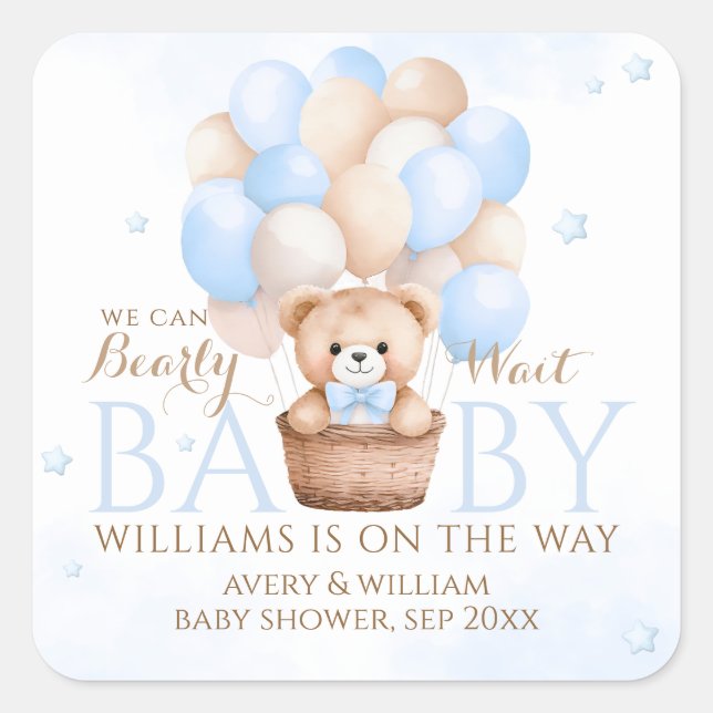 Teddy Bear Blue Balloon Boy Baby Shower  Square Sticker (Front)