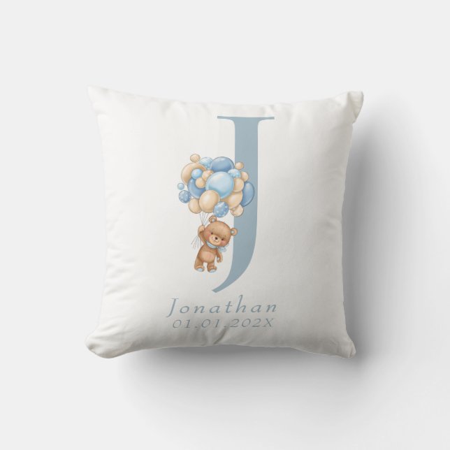 Teddy Bear Blue Balloon Name  Cushion (Front)