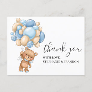 Teddy Bear BLUE Balloon Thank You  Card
