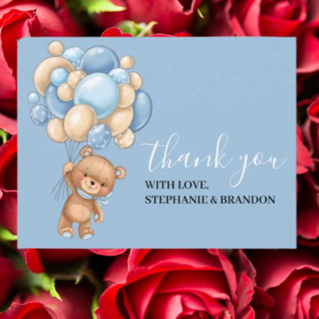 Teddy Bear BLUE Balloon Thank You  Card (Express heartfelt gratitude with our Teddy Bear BLUE Balloon Thank You Card.)