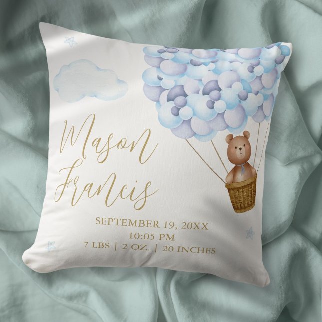 Teddy Bear Blue Balloons Baby Boy Birth Stats Cushion (Teddy Bear Blue Balloons Baby Boy Birth Stats Throw Pillow)