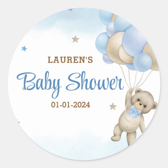 Teddy Bear Blue Balloons Baby Shower Classic Round Sticker (Front)