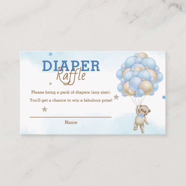 Teddy Bear Blue Balloons Baby Shower Diaper Raffle Enclosure Card (Front)
